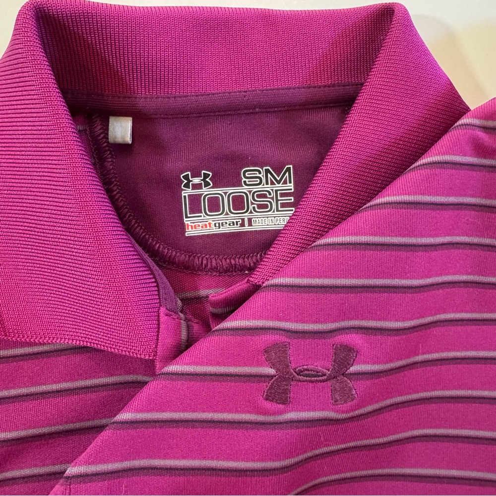 Under Armour Pink Striped Polo Shirt small loose Heat Gear